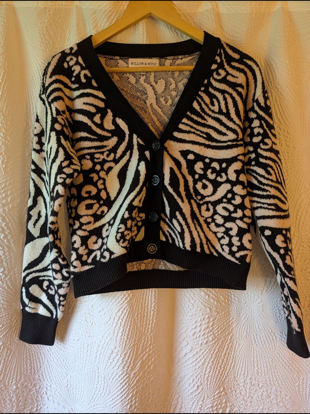 Willow And Wind Light Pink, Black and Cream Patterned V-Neck Cardigan Sweater